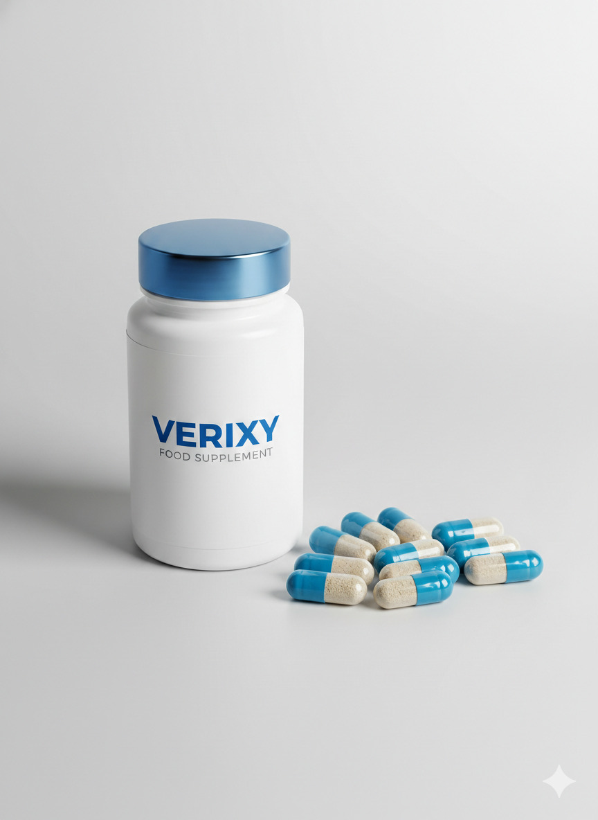 Verixy food supplement bottle and capsule presentation on a neutral surface